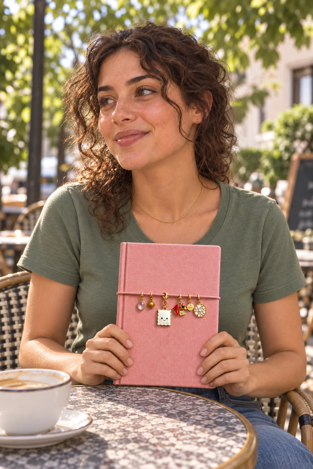 Un carnet rose personnalisé avec le charms Raviole Coquette, porté au café