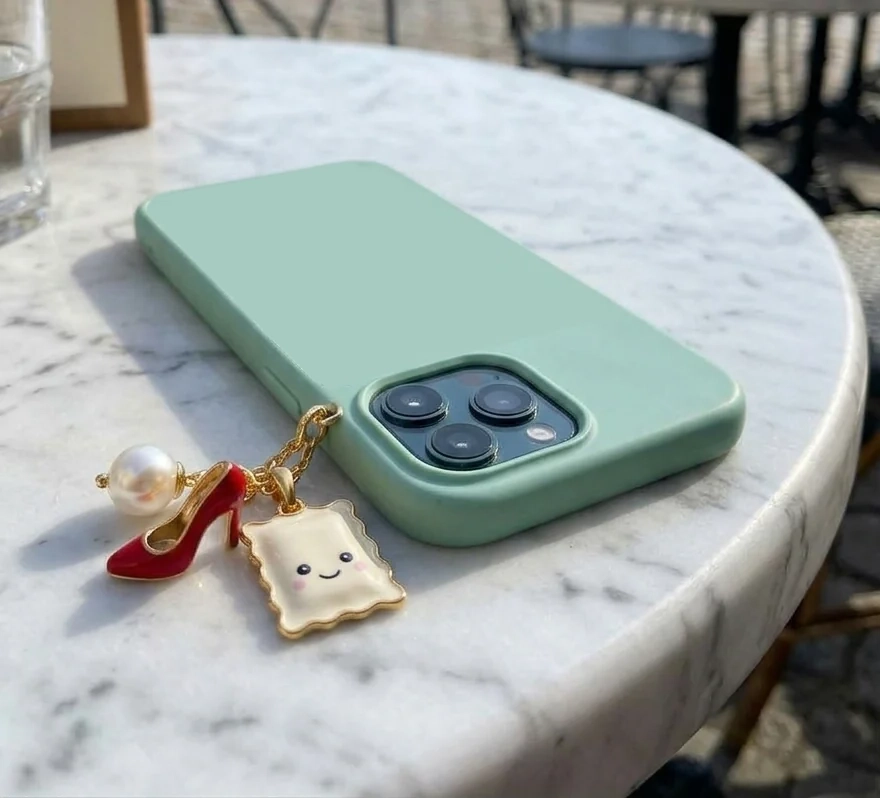 Le charms Raviole Coquette avec une perle et un escarpin rouge sur un smartphone