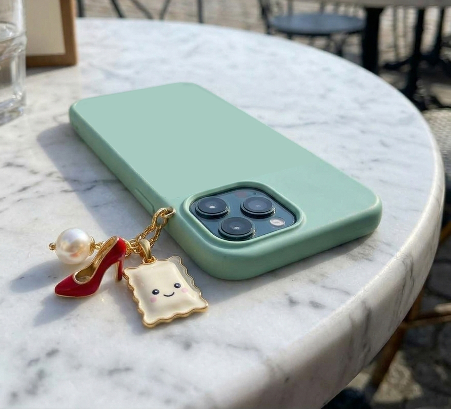 Raviole Coquette façon charms sur un téléphone vert posé sur une table
